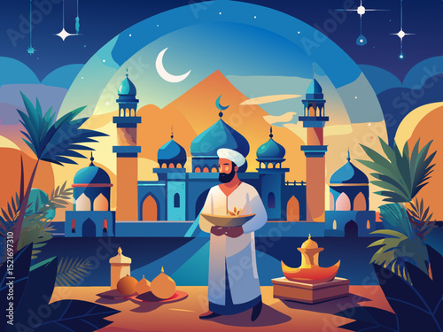 Muslim man holding offering before mosque at night