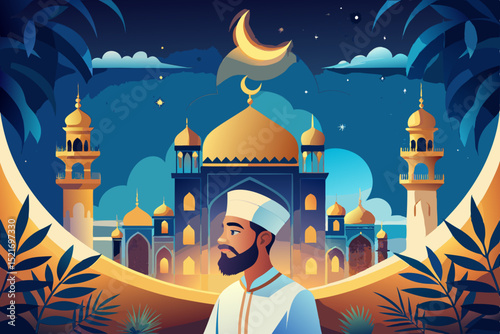 Muslim man silhouette mosque night ramadan