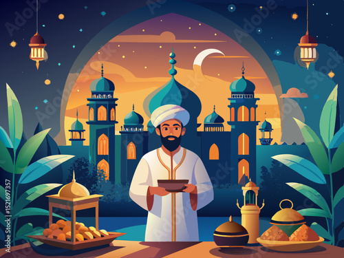 Muslim man mosque ramadan iftar feast illustration
