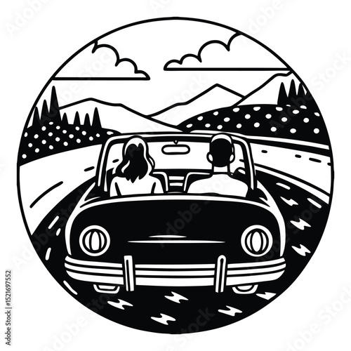 two people driving drop top car on road trip vacation
