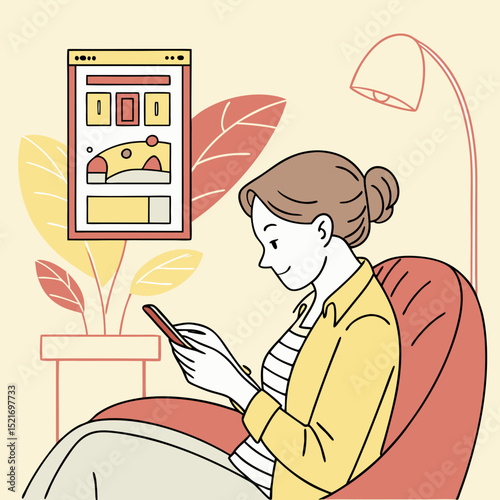Woman relaxing at home using smartphone app