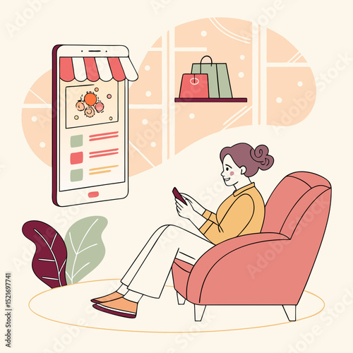 Woman relaxing online shopping mobile phone app