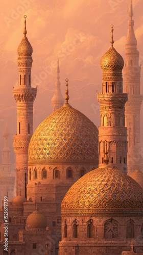 Majestic Domes and Minarets at Sunset in an Ancient City With Golden Light