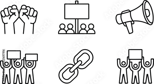 A collection of protest icons including raised fists a megaphone and people holding signs on white background