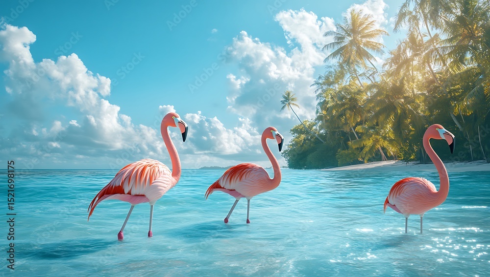 Three pink flamingos wading in the water, on a sunny day, with a tropical island background Three pink flamingos wading in the water, on a sunny day, with a tropical island background