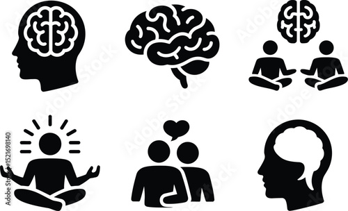 A collection of black and white icons representing the mind, meditation, and relationships on white
