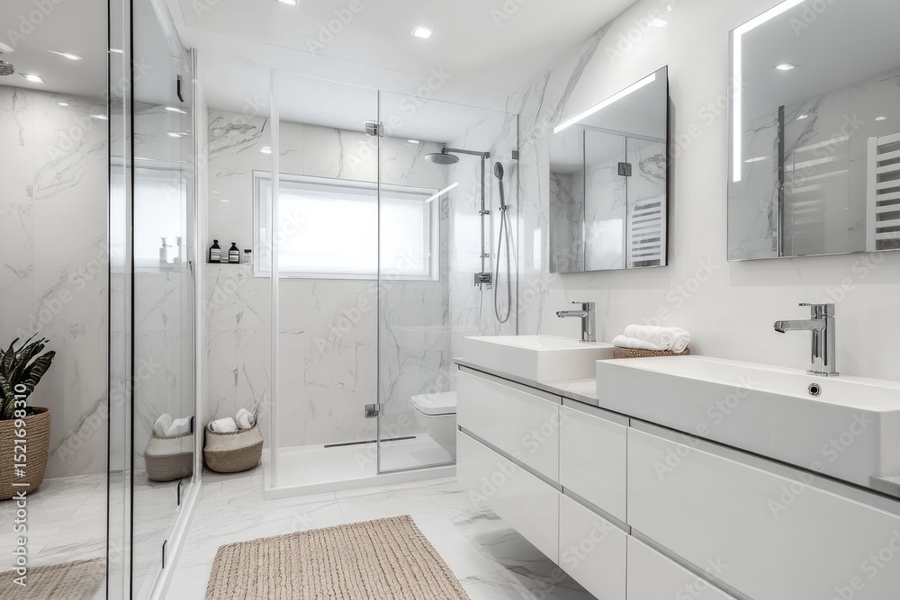 custom made wallpaper toronto digitalModern white marble bathroom with double sinks and glass shower