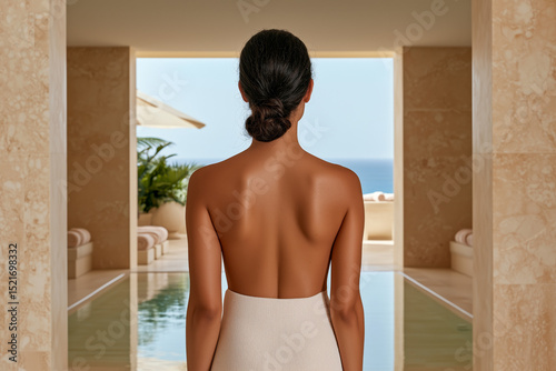 A woman stands with her back to the viewer, gazing at a tranquil ocean view through an open doorway. She has long, dark hair and wears a simple, light-colored dress.
