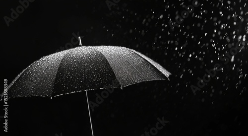 Elegant Black Umbrella Adorned With Raindrops Against a Dark Background.