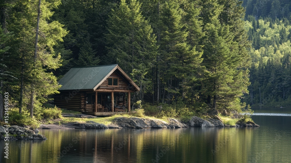 Obraz premium Cabin by a serene lake, surrounded by natural forest in an untouched wilderness, creating a peaceful and isolated setting