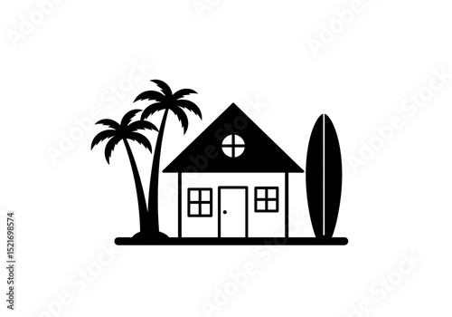 A black and white graphic of a beach house with palm trees and a surfboard on a white background