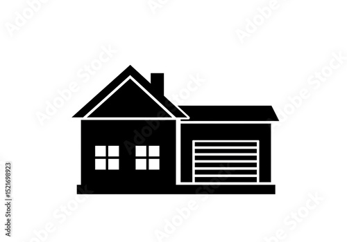 A simple black and white illustration of a house with a garage attached to the side of the building