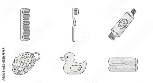 Illustration of bathroom essentials including a comb toothbrush toothpaste and rubber ducky and towels