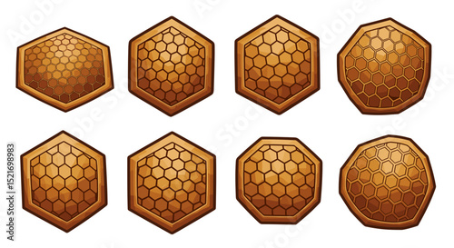 Collection of eight shields with hexagonal patterns arranged on a white background view from above