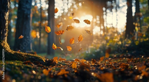 Autumn Leaves Dance in the Sunlight Filtering Through the Forest in Warm Gold...