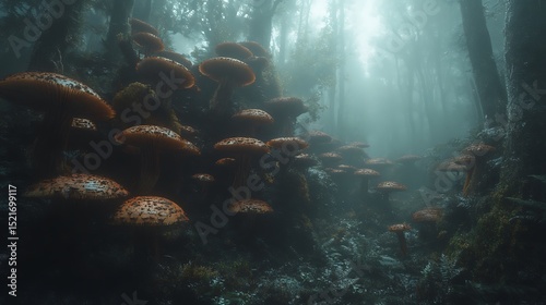 Mystical mushroom forest: A foggy landscape filled with glowing fungi.