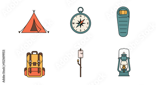 Illustration showing camping gear including tent compass sleeping bag backpack marshmallow and lantern