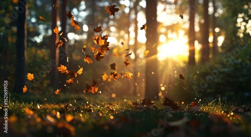 Golden Autumn Leaves Swirl in Sunlight During a Serene Forest Evening