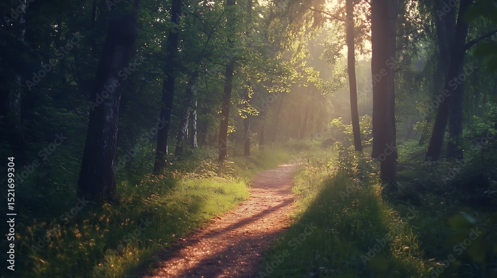 Obraz premium Sunlit path winds through a peaceful forest, inviting exploration and tranquility.