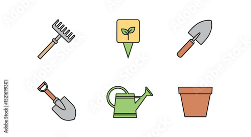 Illustration of gardening tools including rake, shovel, watering can and flower pot isolated on white