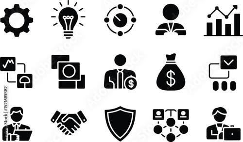 A collection of business and management icons in black silhouette on a white background in a grid layout