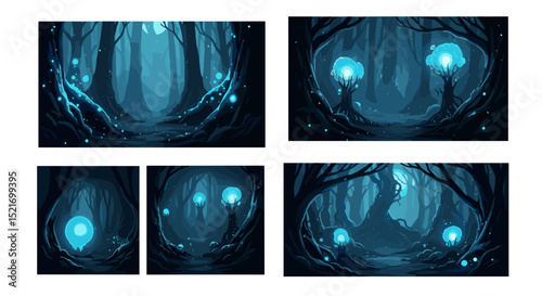 Five panels showcasing a mystical blue forest with glowing orbs and silhouetted trees in a dark setting