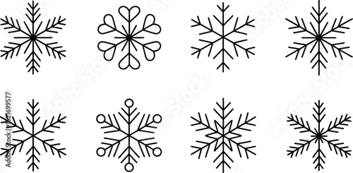 A horizontal arrangement of eight unique snowflake designs in black outline on a white background