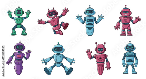 Collection of eight cartoon robots in various poses and colors on a white background design illustration