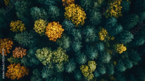 Aerial view of a forest with different colored trees in shades of green and yellow.