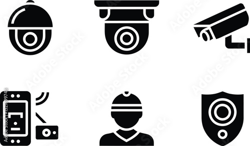 A collection of security related icons including cameras phone security guard and a shield on white backdrop