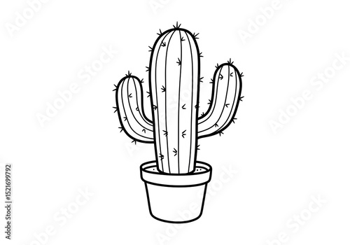 A simple black and white line drawing of a cartoon cactus in a pot against a plain white background