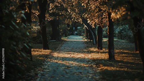 Pathway through a park in autumn with dappled light and trees overhead.