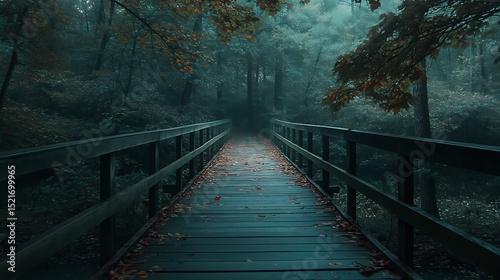 Mysterious path through a wooden bridge in a tranquil misty forest.