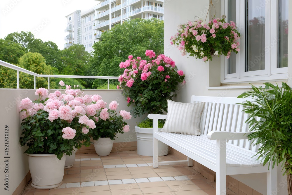 Obraz premium Pink roses decorating a balcony with a white bench