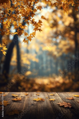 Beautiful Autumn Landscape With Wooden Table and Colorful Leaves in the Backg...