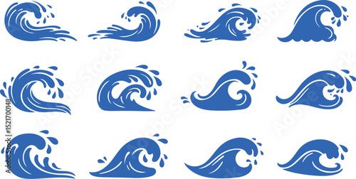 Twelve blue wave icons set ocean water design elements