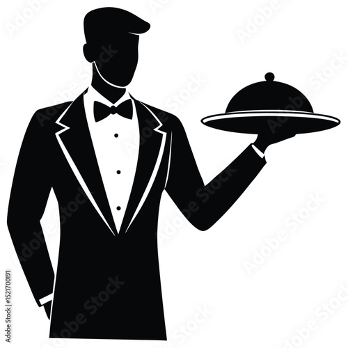 Black Silhouette Waiter in Suit Holding Covered Serving Tray Illustration Icon