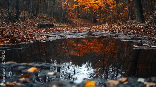 Autumn reflection in a puddle, fallen leaves surrounding a tranquil woodland.