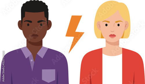 Conflict between man and woman with lightning bolt symbolizing disagreement and tension in relationship vector illustration 