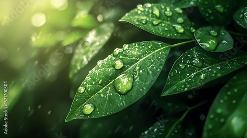Raindrops clinging to vibrant green leaves in a close-up natural setting.