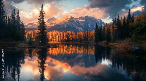Mountain Lake at Sunset with golden reflections in still water