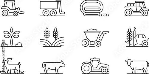 A collection of farming and agriculture icons featuring tractors animals and crops in a line art style