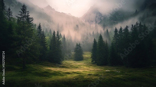 Lush forest landscape with misty mountains behind evergreen trees.