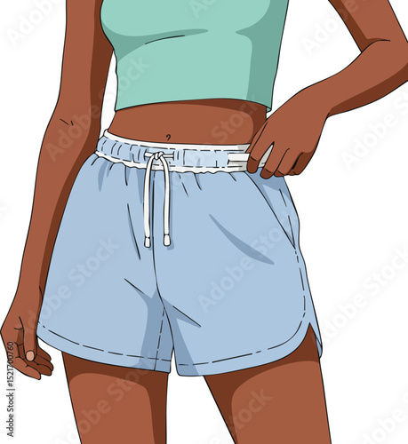 Woman wearing casual light blue shorts with drawstring and green sleeveless top vector illustration 