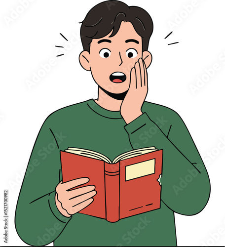 Young man reading book with surprised expression and green sweater in simple vector illustration 