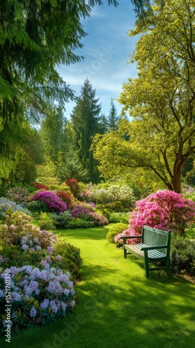 Colorful Spring Garden With Vibrant Flowers and Peaceful Seating Area Under C...