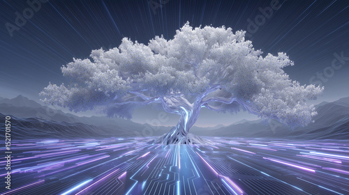 Cybernetic tree grows from motherboard hub, limbs pulse across neon grid, embodying digital evolution