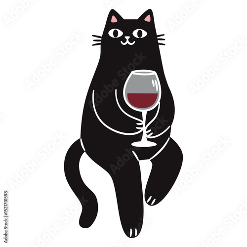 Cute cat holding a wine glass. Flat vector illustration in simple children's Scandinavian style . Vector illustration