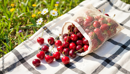 Lifestyle flat lay of shiny cherries spilling from mesh bag onto checkered cotton picnic blanket in sunlight
