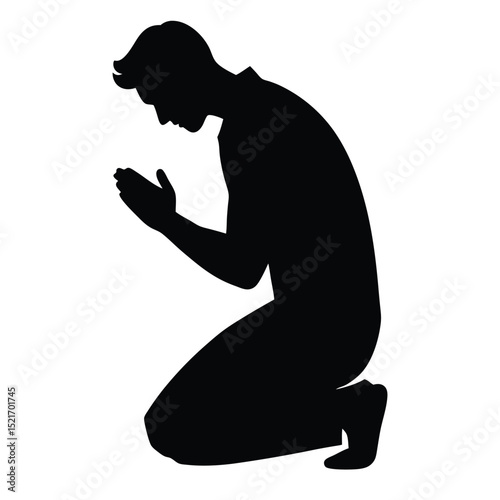 Silhouette of a Man Kneeling in Prayer, Hands Clasped Together, Isolated on White
